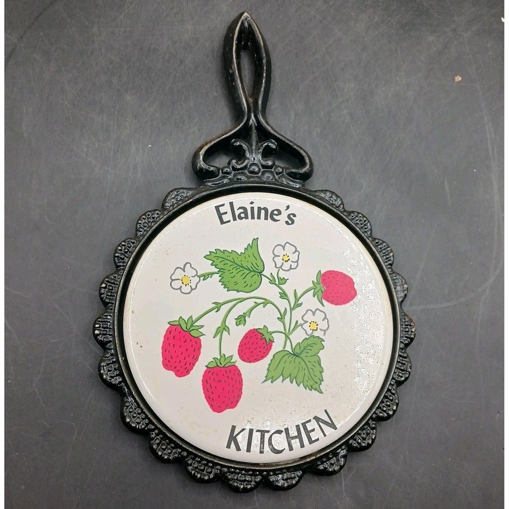 Elaine's Kitchen trivet Cast Iron Round Tile Cooking Decor strawberry GrannyCore